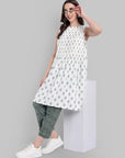 White Sleeveless Pintuck Kurta with Green Tapered Pants - Set of 2