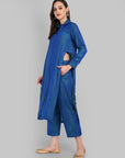 Ink Blue Shirt style Collar Kurta Pant Set