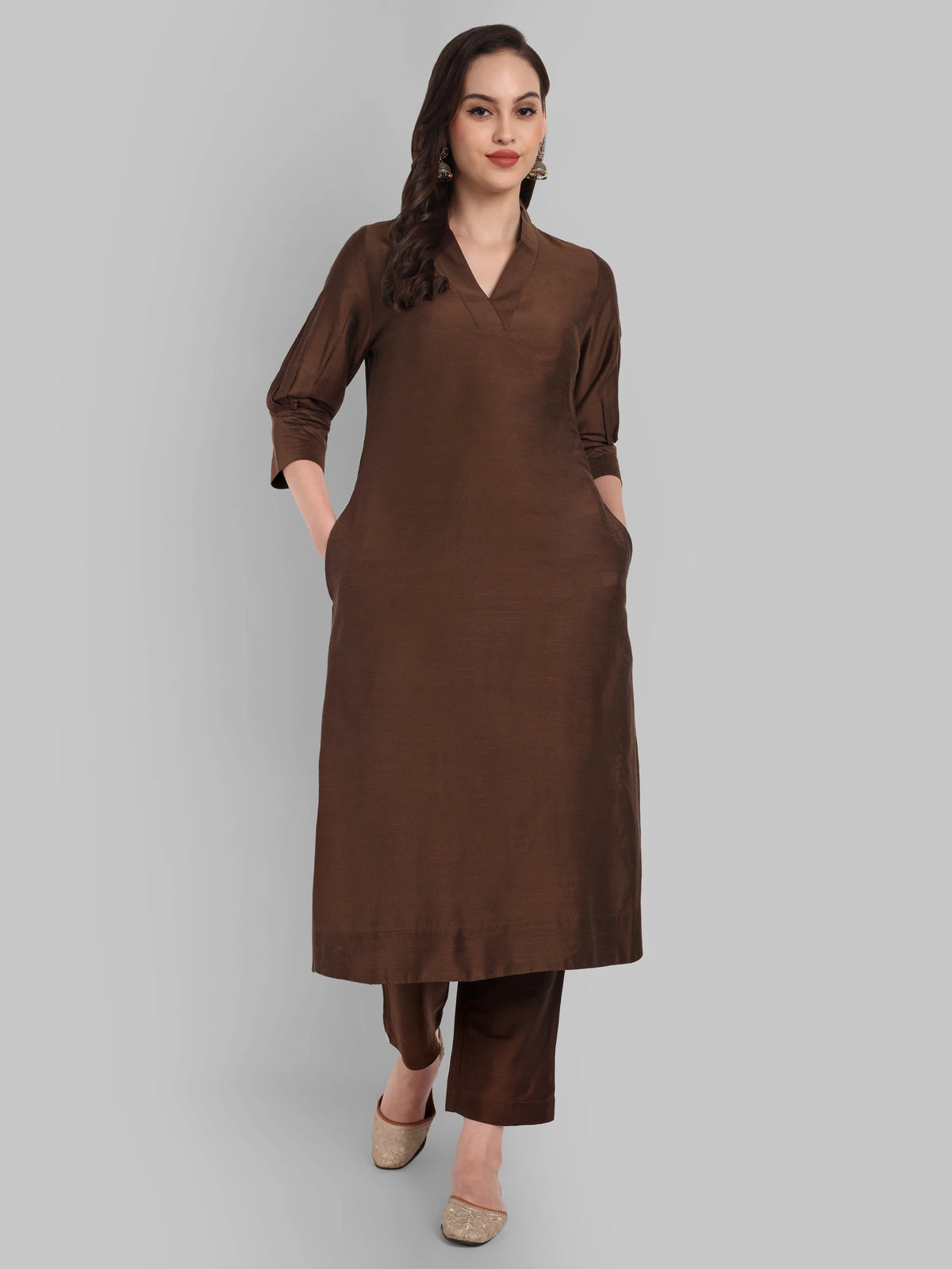 Suhana Brown V-neck Kurta & Pant - Set of 2