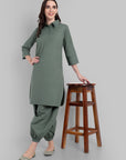 Olive Green Solid Shirt Collar Kurta with Harem Pants Set