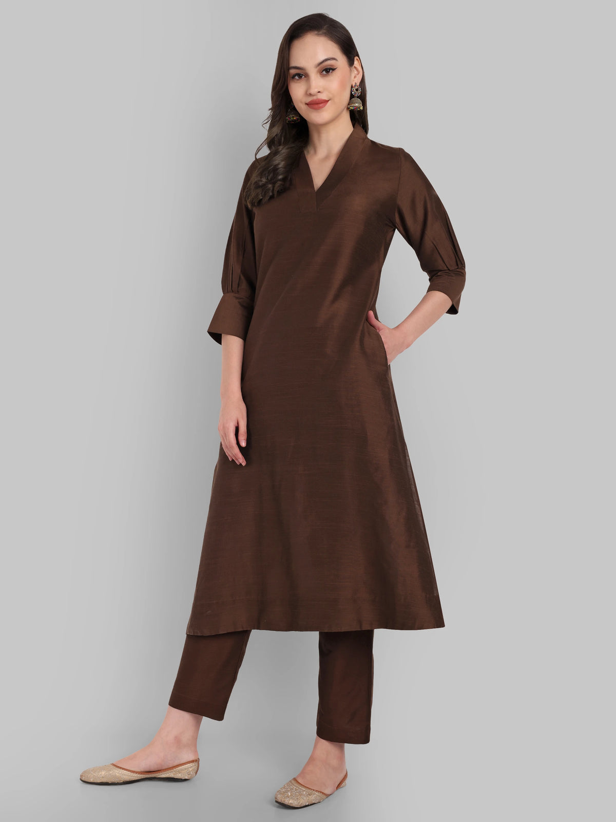Suhana Brown V-neck Kurta & Pant - Set of 2