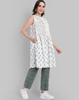 White Sleeveless Pintuck Kurta with Green Tapered Pants - Set of 2
