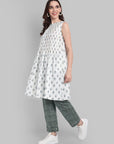White Sleeveless Pintuck Kurta with Green Tapered Pants - Set of 2