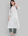White Handblock A-Line Kurta with Printed Green Pants - Set of 2