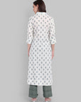 White Handblock A-Line Kurta with Printed Green Pants - Set of 2