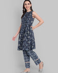 Indigo Floral Printed Sleeveless Kurta with Geometric Lace-Detail Pants