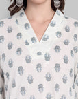 White Handblock A-Line Kurta with Printed Green Pants - Set of 2