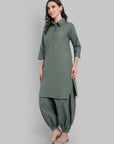 Olive Green Solid Shirt Collar Kurta with Harem Pants Set