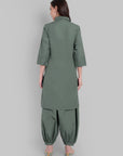 Olive Green Solid Shirt Collar Kurta with Harem Pants Set