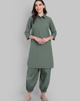 Olive Green Solid Shirt Collar Kurta with Harem Pants Set