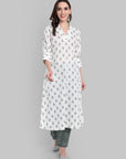White Handblock A-Line Kurta with Printed Green Pants - Set of 2