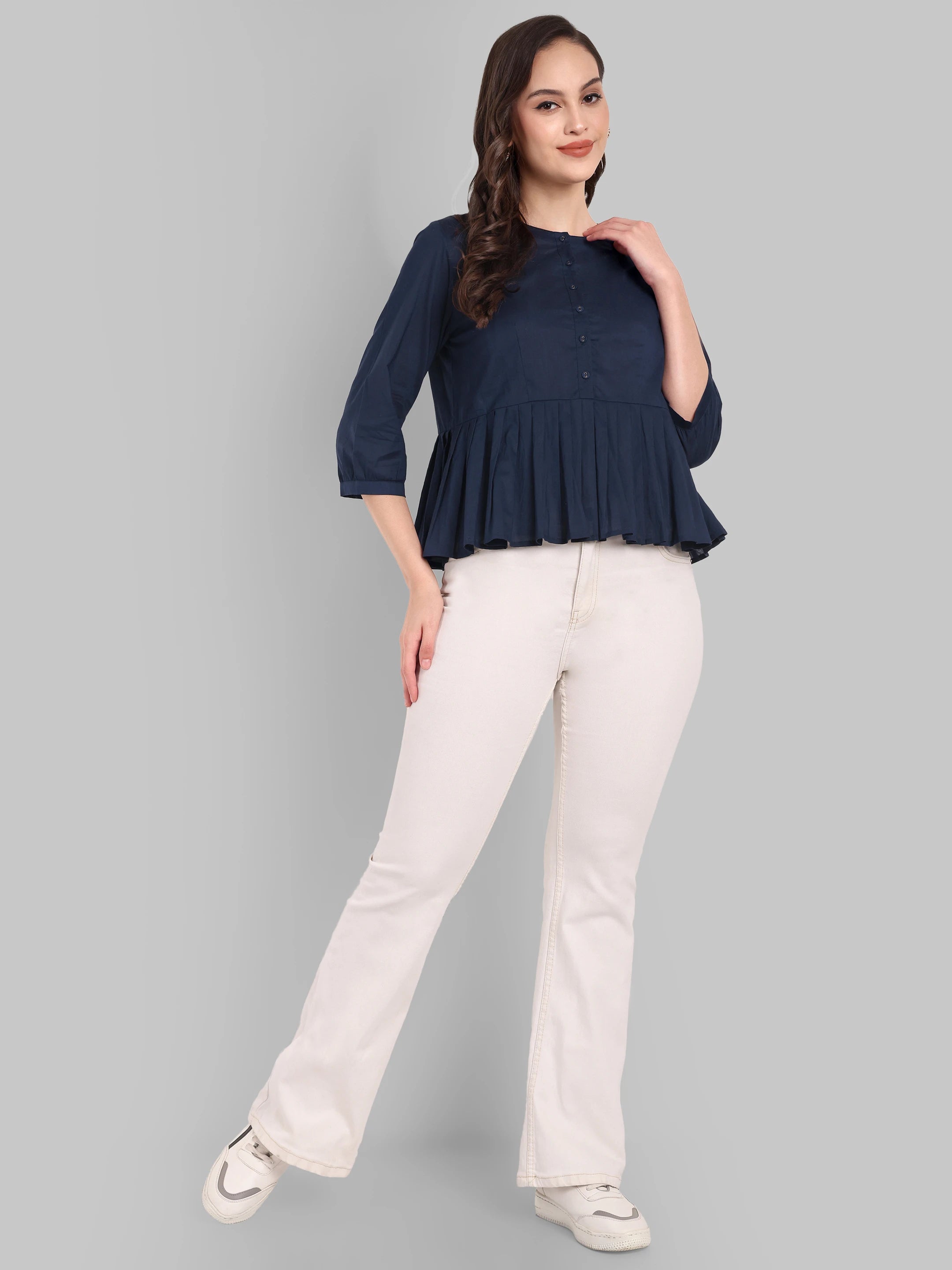 Navy blue Peplum pleated top – Mera Rang