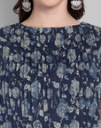 Indigo Floral Printed Sleeveless Kurta with Geometric Lace-Detail Pants