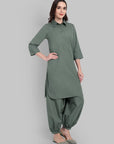 Olive Green Solid Shirt Collar Kurta with Harem Pants Set