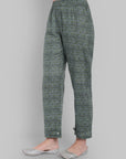 White Handblock A-Line Kurta with Printed Green Pants - Set of 2