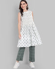 White Sleeveless Pintuck Kurta with Green Tapered Pants - Set of 2