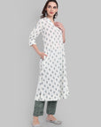 White Handblock A-Line Kurta with Printed Green Pants - Set of 2