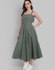Olive Green Sleeveless A-Line Midi Dress