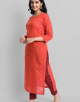 Gray Red Woven Teekee Cotton Kurta