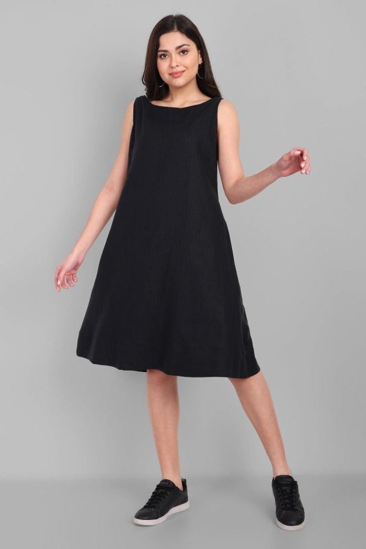 A-line Black Linen Knee Length Dress - Black Linen Dresses Mera Rang A-line Black Linen Knee Length Dress - Black Linen Dresses Mera Rang