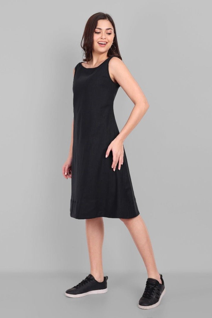A-line Black Linen Knee Length Dress - Black Linen Dresses Mera Rang A-line Black Linen Knee Length Dress - Black Linen Dresses Mera Rang