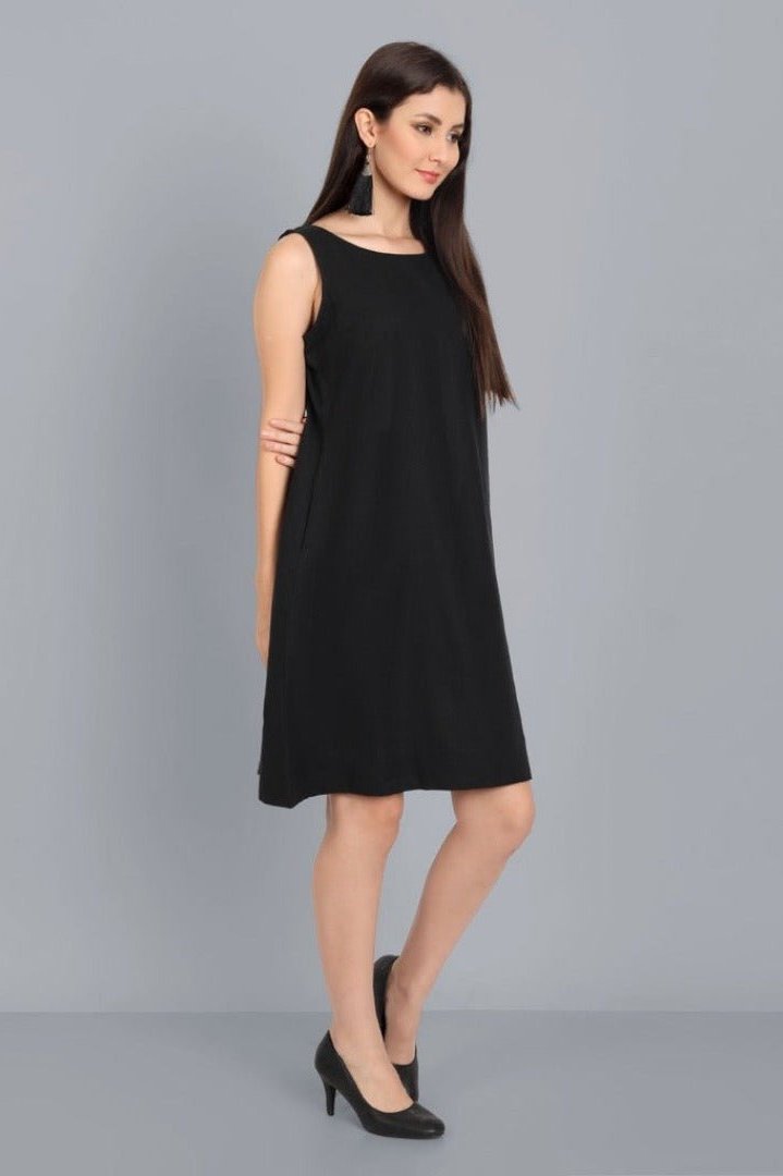 A-line Black Linen Knee Length Dress - Black Linen Dresses Mera Rang A-line Black Linen Knee Length Dress - Black Linen Dresses Mera Rang