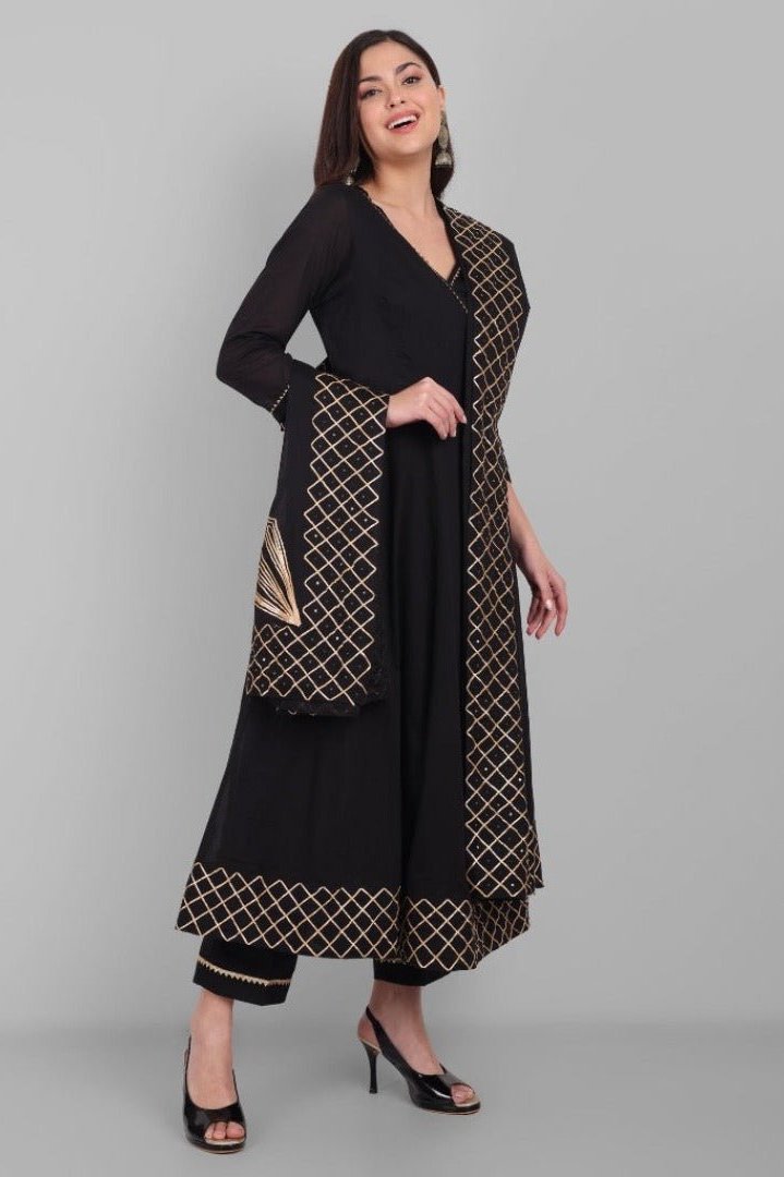 Black Gota Angrakha Kurta Set