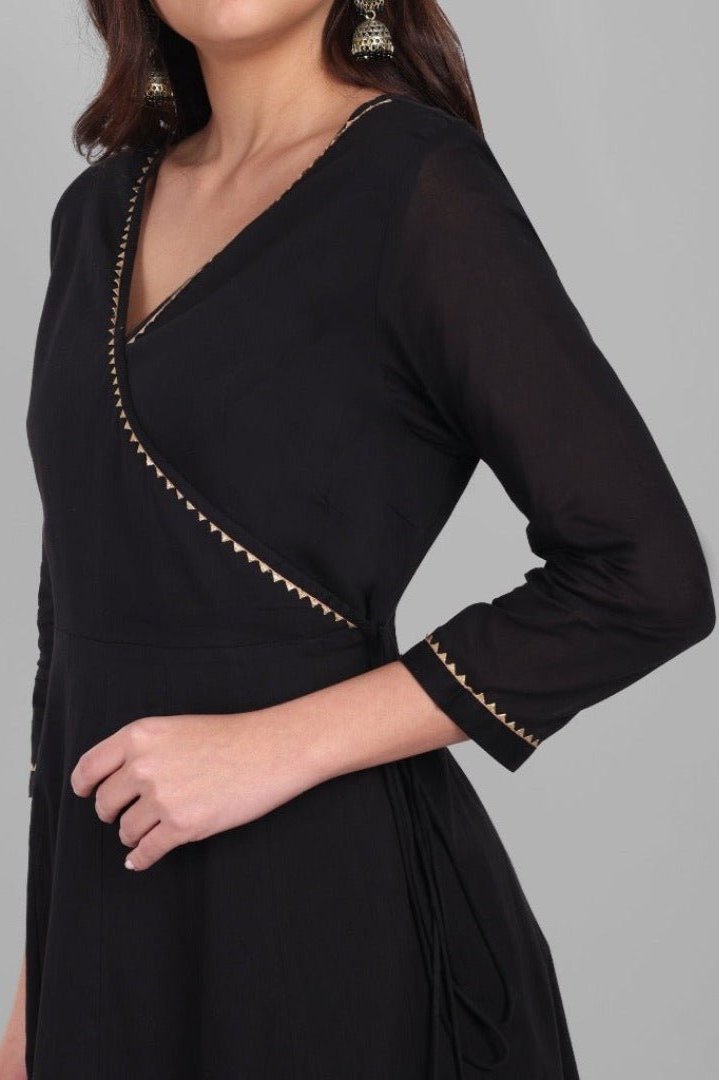 Black Angrakha Kurta Set with Dupatta