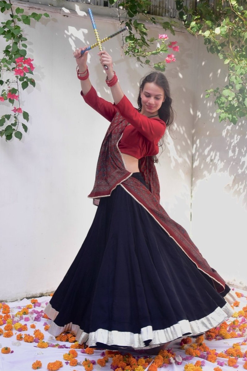 Women Black Kalidar Silver Border Skirt