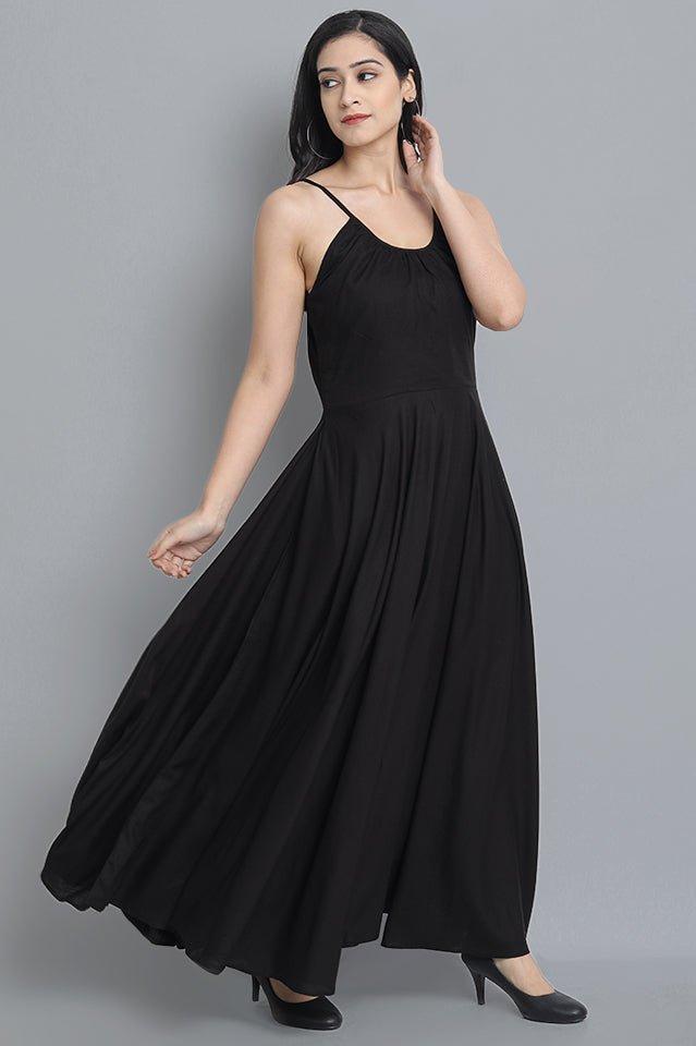 Womens' Black Rayon Long Spaghetti Strap Dress with Volume