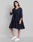Blue Mul Cotton Graduated V-Neck Dress