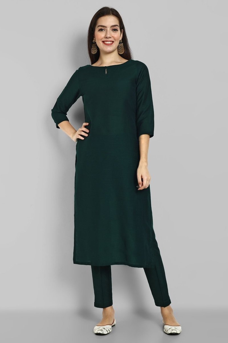 Bottle Green Straight Cotton Silk Pant with Pockets