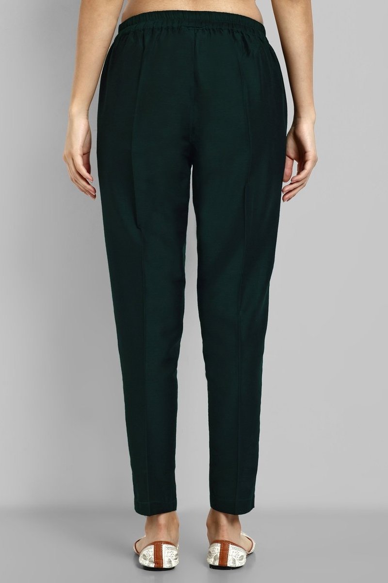 Bottle Green Straight Cotton Silk Pant with Pockets
