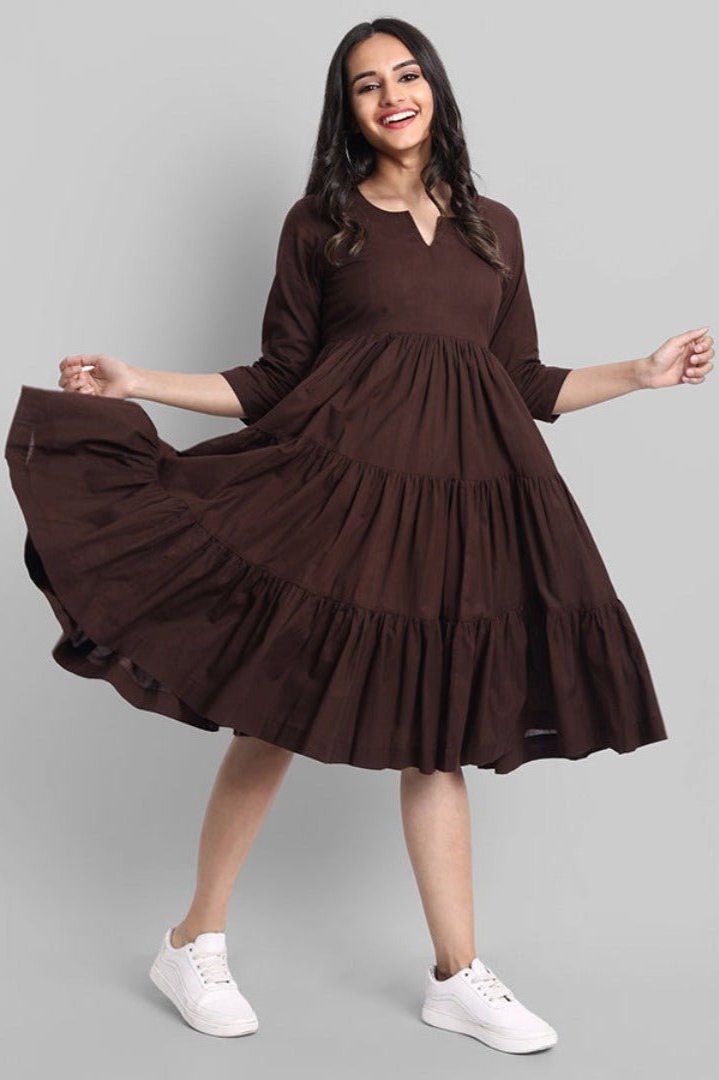 Lazy Round neck Brown Mul Cotton Graduated Short Dress