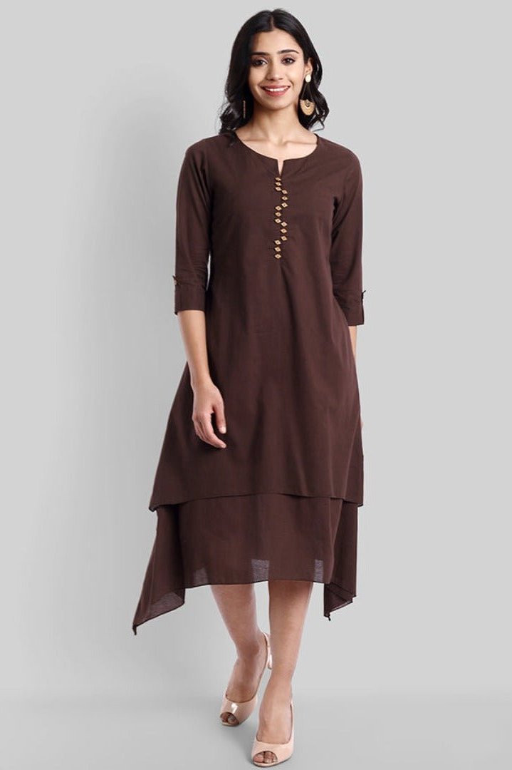Ladies Drop- Seam Brown Mul Cotton Hunter Dress Kurta for Pants