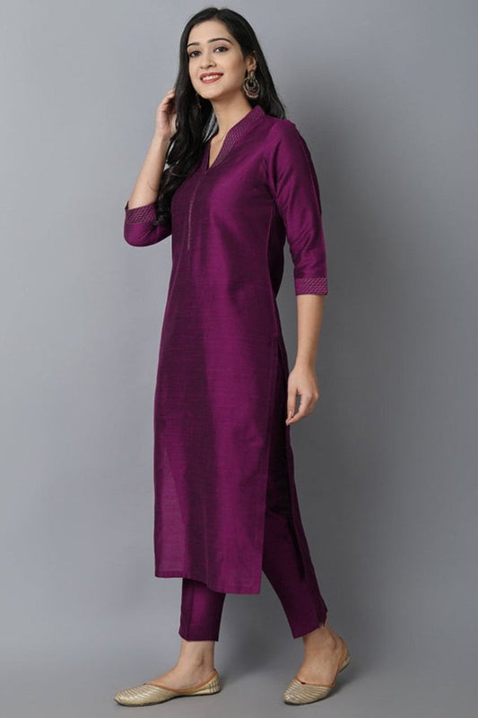 Dark Slate Gray Burgundy Cotton Silk Lapel Kurta & Pant Set