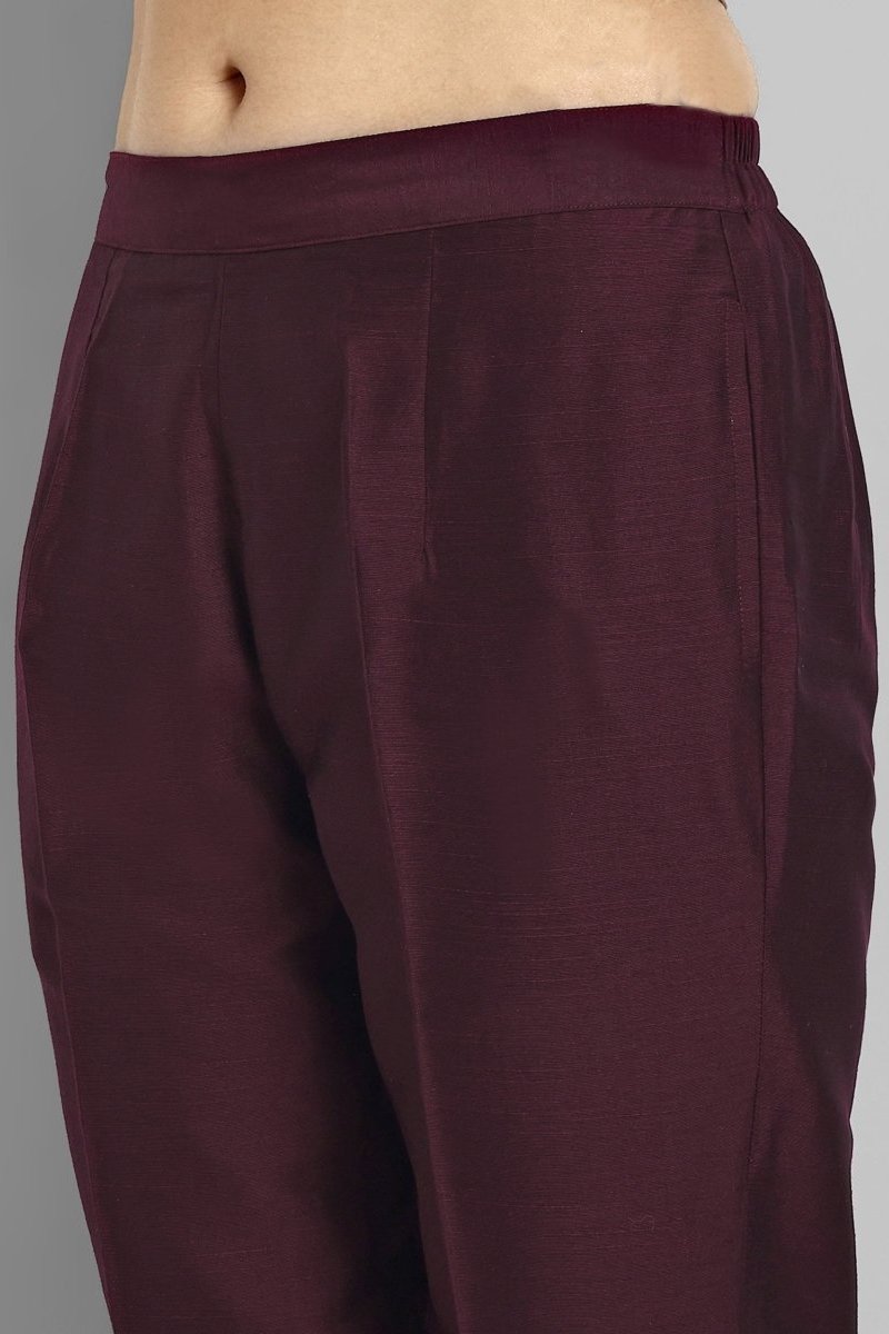 Burgundy Straight Cotton Silk Pant with Pockets