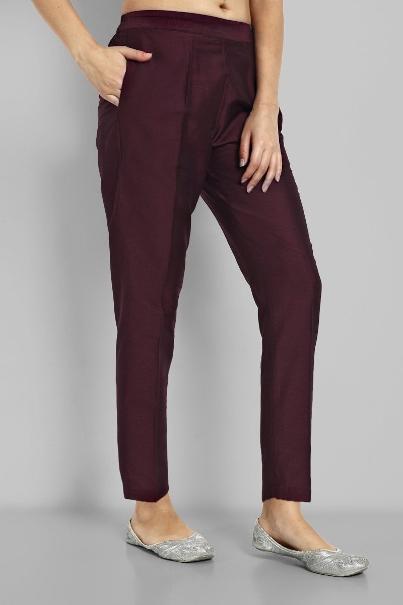 Burgundy Straight Cotton Silk Pant with Pockets