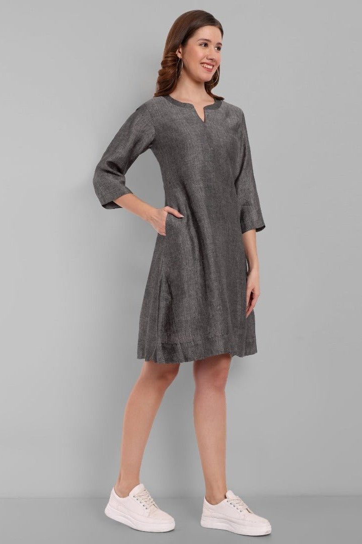 Women's Gray Cotton Linen knee Length A line Dress with Lining