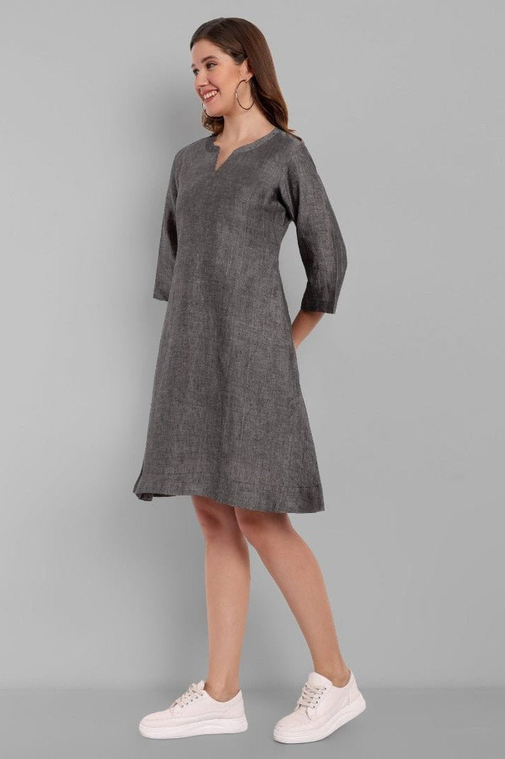 Women's Gray Cotton Linen knee Length A line Dress with Lining