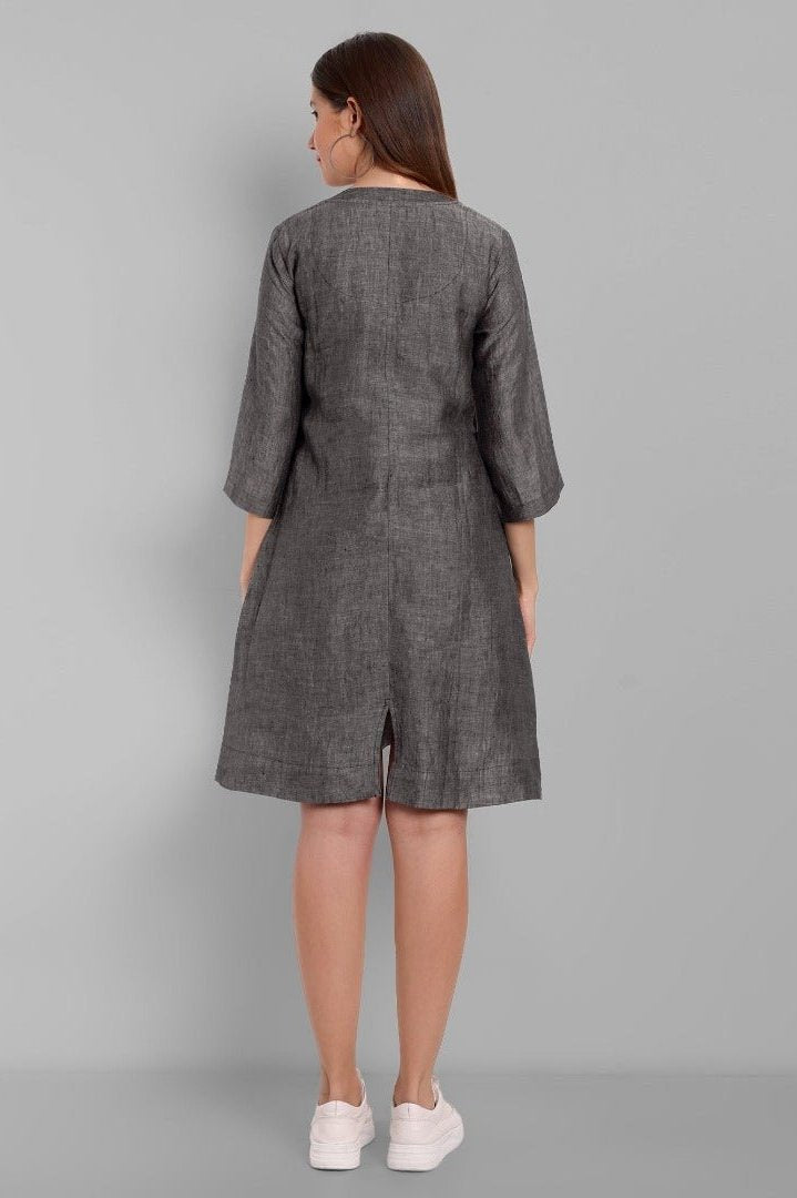 Women's Gray Cotton Linen knee Length A line Dress with Lining