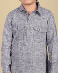 Dark Gray Gray Textured Soft Cotton Pathani Kurta and Shalwar