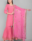 Gray Gulabi Phool Gharara and Kurta with Dupatta - Set of 3