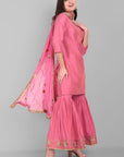 Gray Gulabi Phool Gharara and Kurta with Dupatta - Set of 3