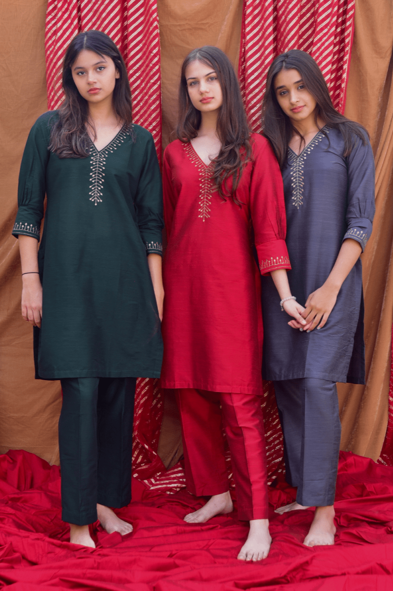 Handcrafted Bottle Green Embroidered Co-Ord - Set of 2