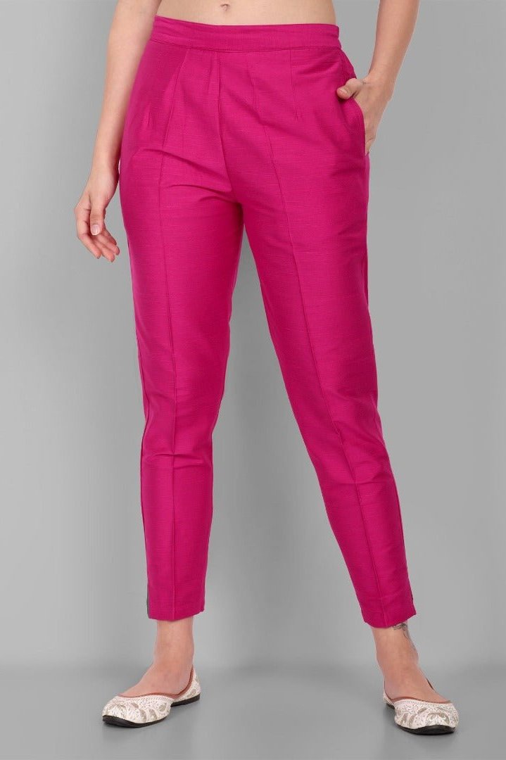 Hot Pink Straight Cotton Silk Pant with Pockets - Mera Rang
