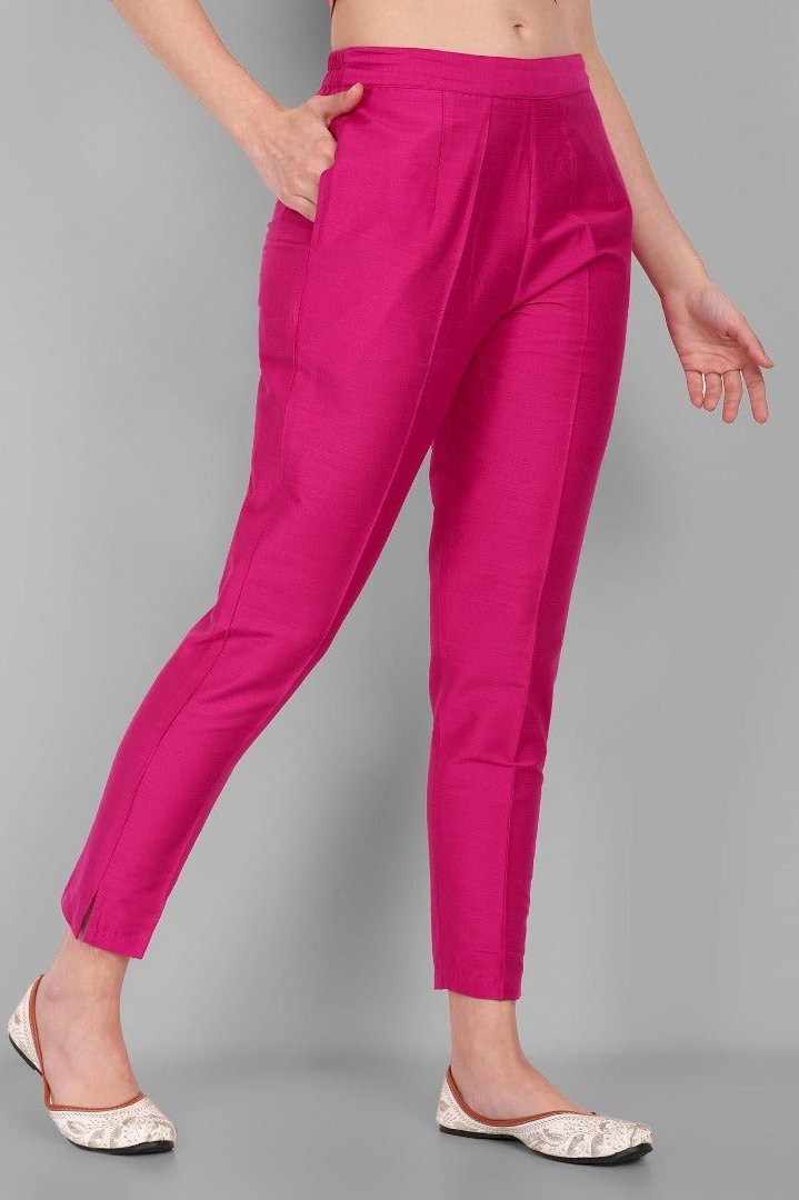 Hot Pink Straight Cotton Silk Pant with Pockets - Mera Rang