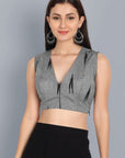 Dark Gray Ikkat Gray V Neck Padded Blouse