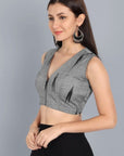 Dark Gray Ikkat Gray V Neck Padded Blouse