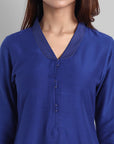 Dark Slate Blue Blue Silk Lapel Kurta Pants Set